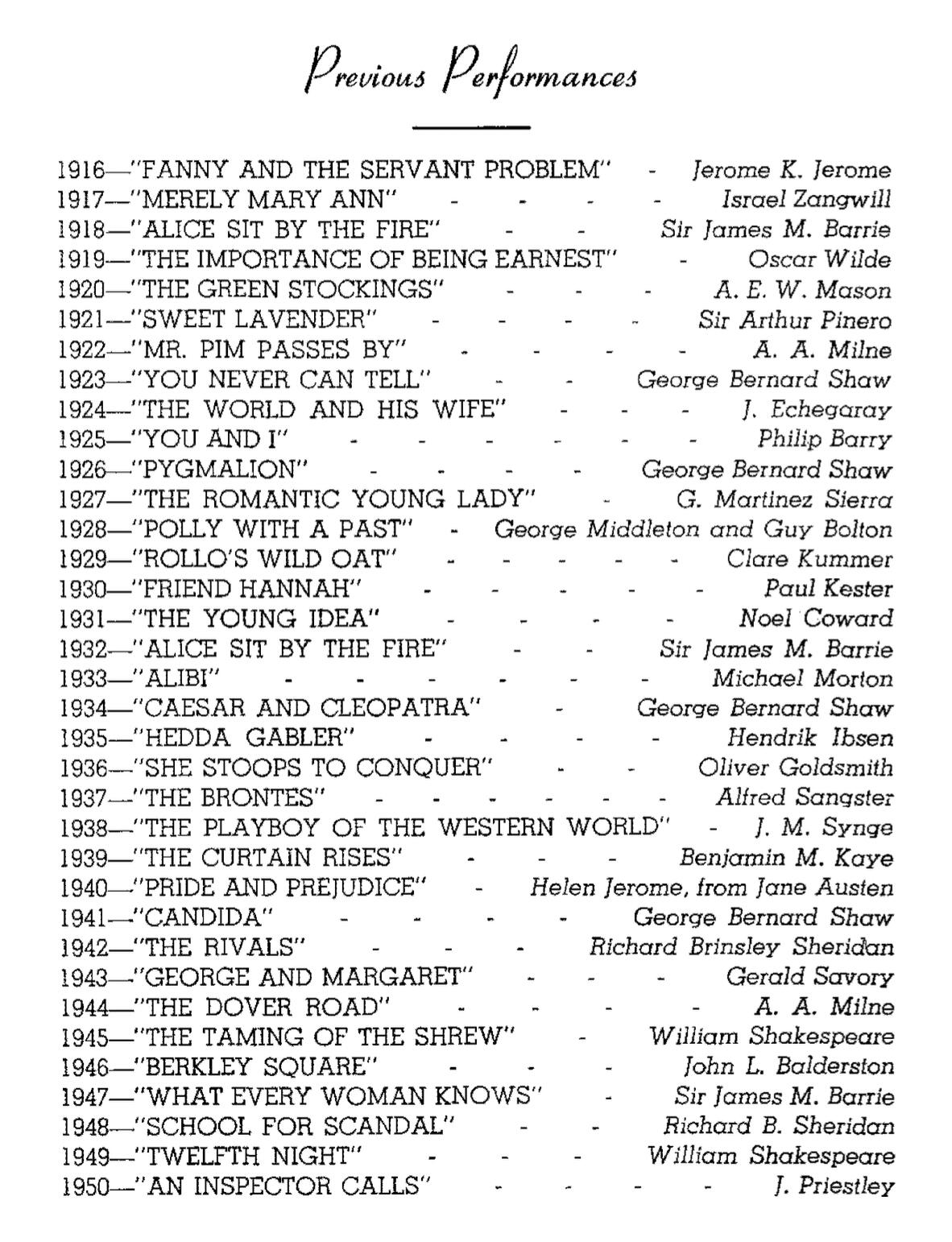 List of all of our performances from 1916 to 1950